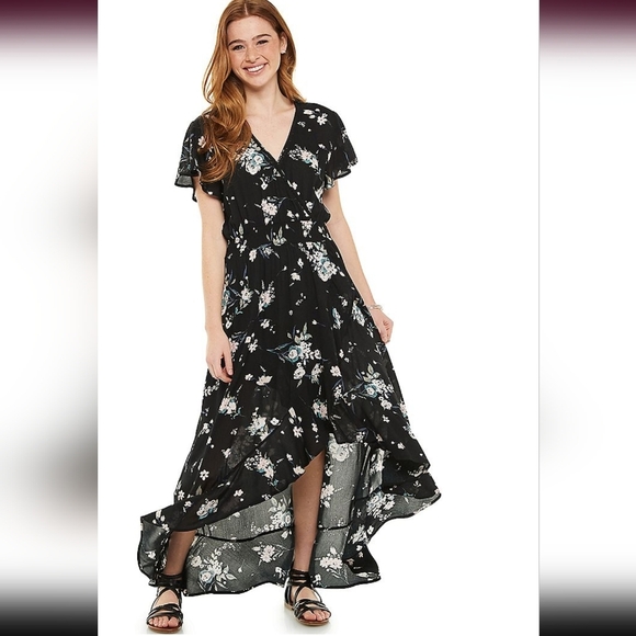 American Rag Women's Dress Black faux wrap maxi floral Boho Style, Size L - Picture 1 of 14